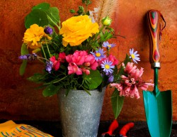 Pail of flowers and a garden tool