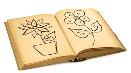 Graphic of a book with cartoon flowers