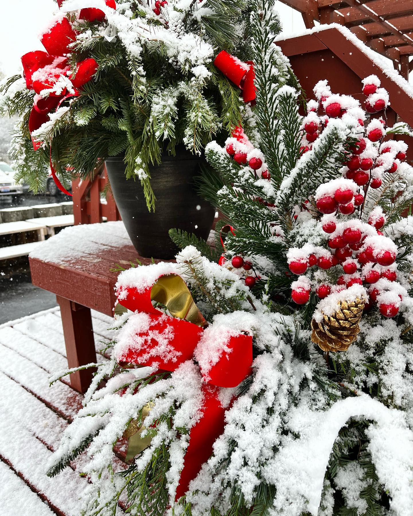 pine porch pot in the snow